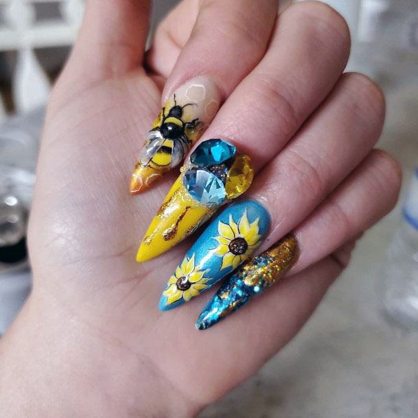 3D Blue Stones And Bee Nail Art For Women