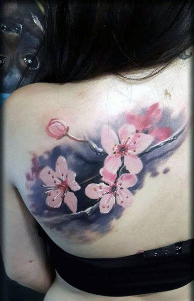 3D Cherry Blooms Tattoo Womens Back