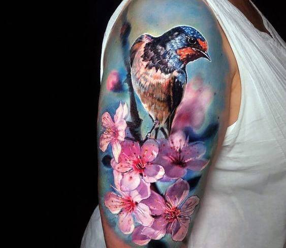 3D Cherry Blossoms And Bird Tattoo Womens Arms