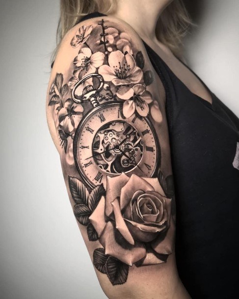 upper arm rose tattoos for women