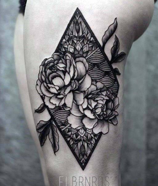 3D Flowers And Geomteric Tattoo Womens Thighs