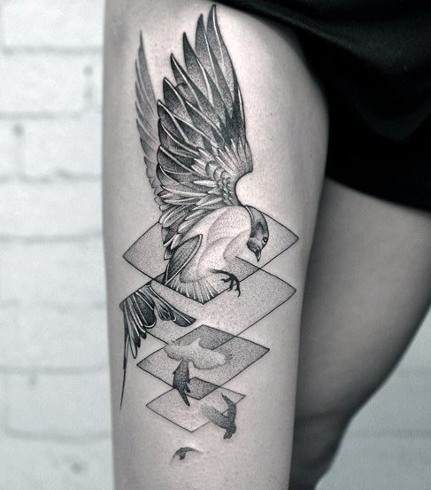 3D Glass Panes And Bird Tattoo Womens Thighs