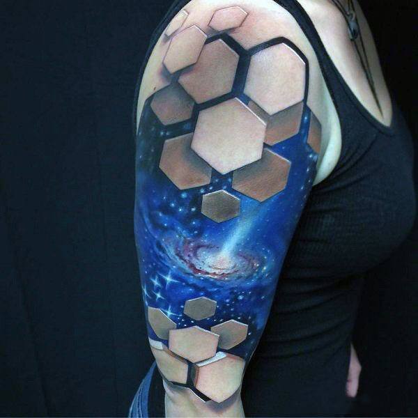 3D Hexagon Bricks And Universe Tattoo Womens Arms