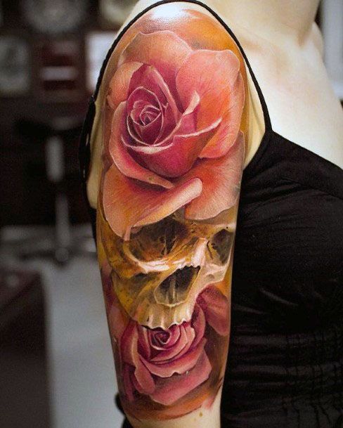 3D Pink Roses Tattoo Women Arm