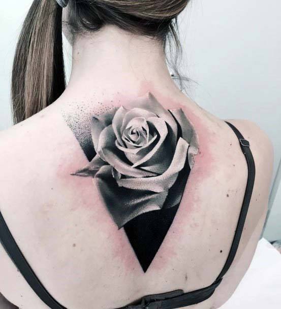 3D Realistic Grey Rose And Geometric Triangular Base Tattoo Womens Back