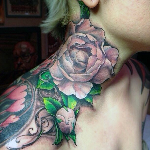 3D Rose Colorful Neck Tattoo For Women