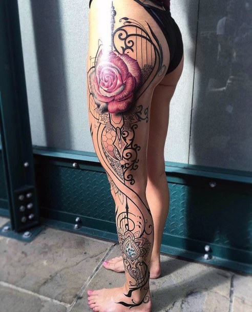 3D Rose Tattoo Womens Leg