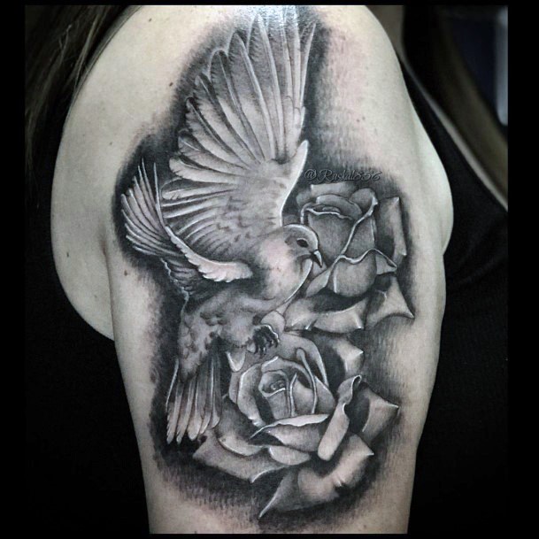 3D Roses And Dove Tattoo Womens Arms