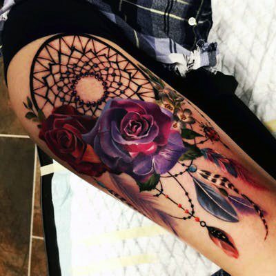 3D Roses Dream Catcher Tattoo On Legs