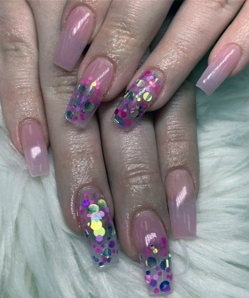 3D Sequins On Clear Pink Nails Radiating Women
