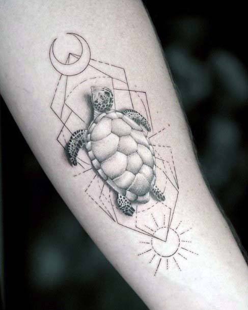 3D Turtle And Geometric Lines Tattoo Womens