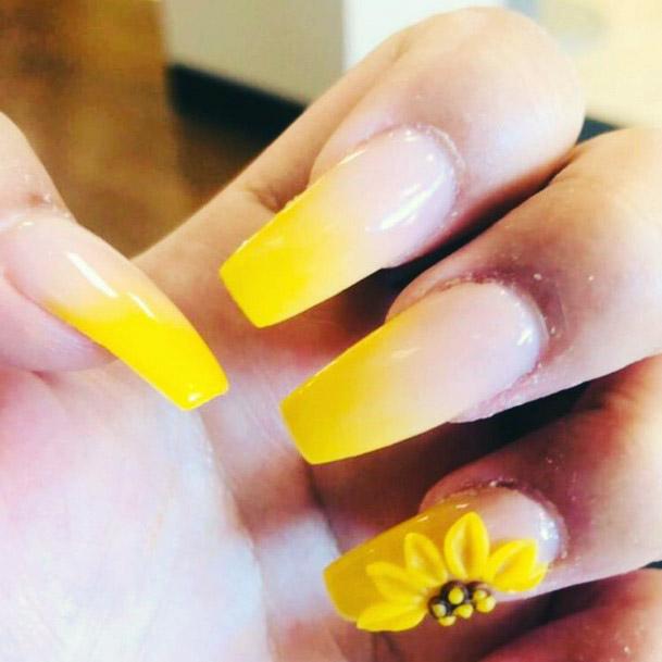 3D Yellow Flowers On Ombre Nails Women