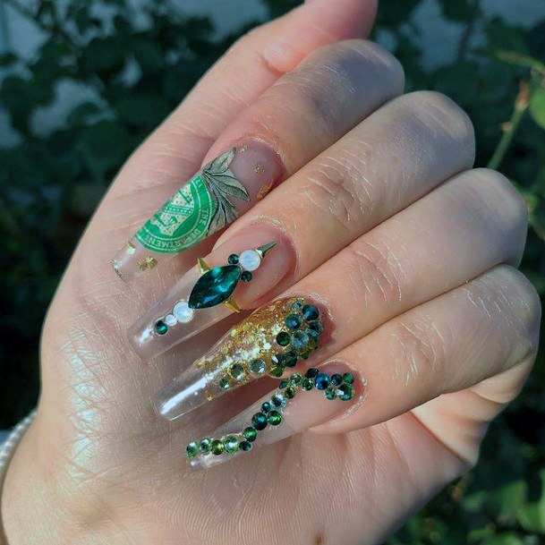 3d Art On Green And Gold Nails Women