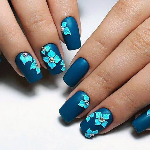 3d Turquoise Flowers On Dark Blue Nails For Women