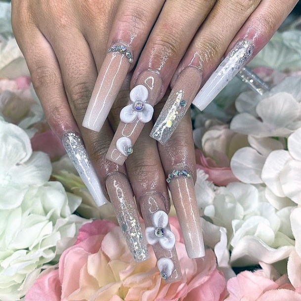 3d White Flowers And Crystals Nails Women