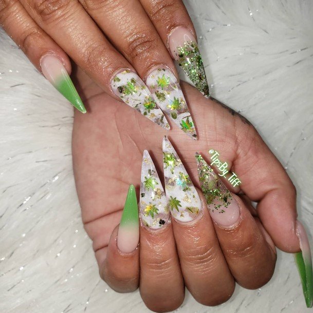 420 Nail Design Inspiration For Women Green Pointed