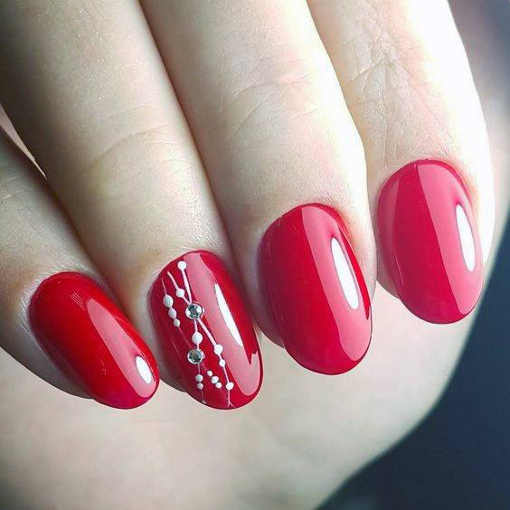 Bright Red Gel Nails With Some Details For Women