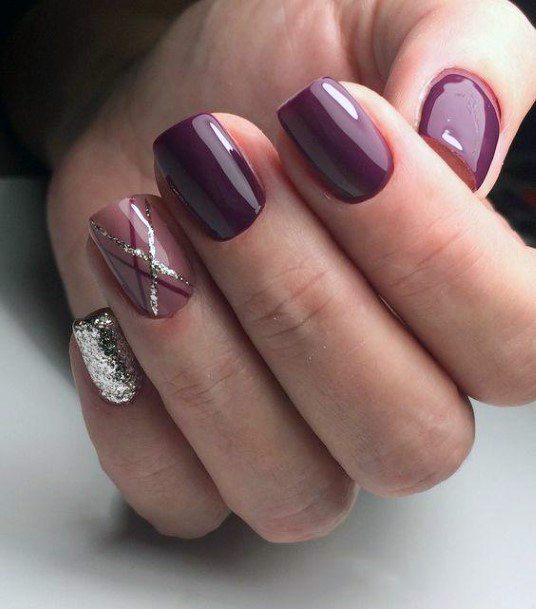 Fall Purple Nails With Criss Cross Line Design