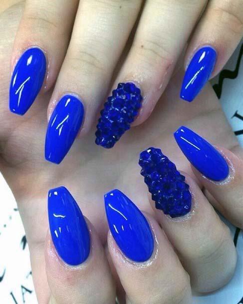 Glossy Royal Blue Nails With Accent Caviar Beads Design Bright For Women