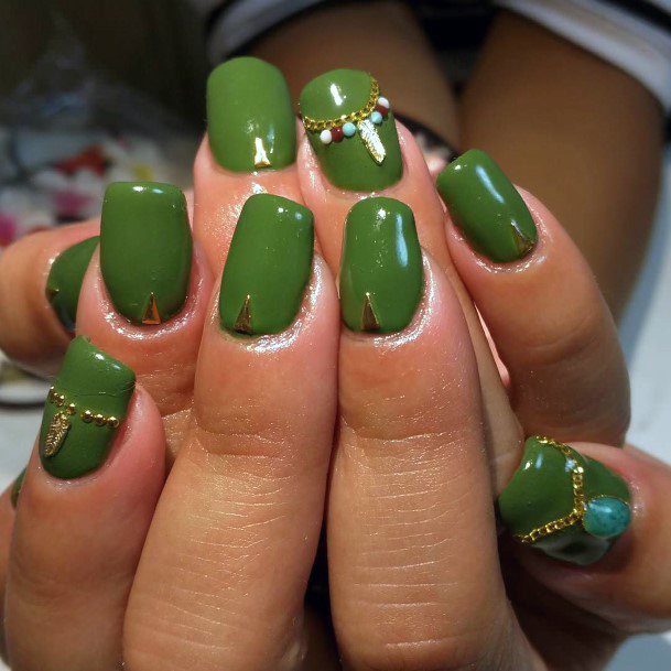 Green Color Nails With Jewellery Design