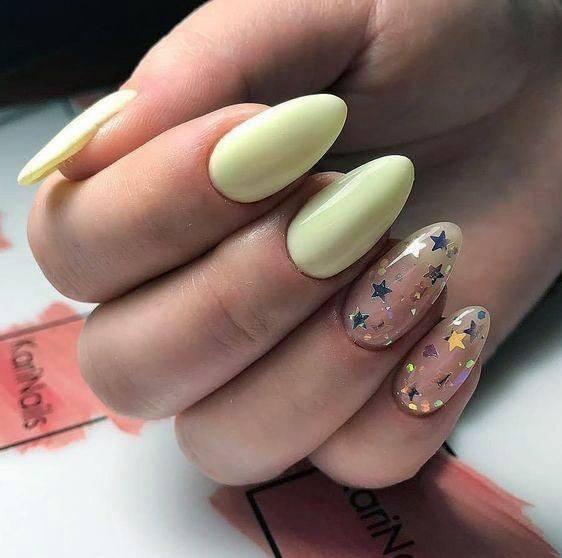 Light Yellow Nails With Stars For Women