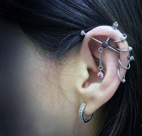 Unique Piercing Ideas For Women Design Three Way Ear Ring Silver Hoops Dangling Pink Diamond