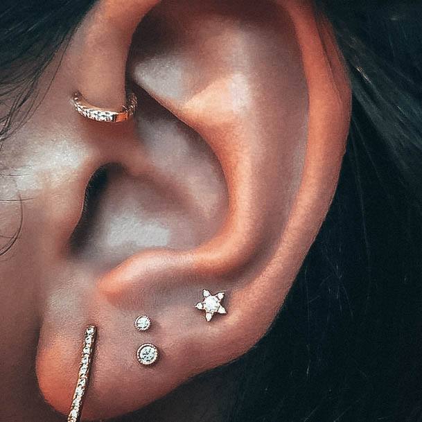 Admirable Classy Stacked Lobe Upper Lobe Star With White Sparkling Diamond And Beautiful Helix Hoop Multi Diamond Ear Ring Piercing Design Ideas For Girls