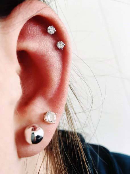 Admirable Large Silver And Cloudy Double Lobe Sparkly Double White Diamond Helix Piercing Ideas For Girls