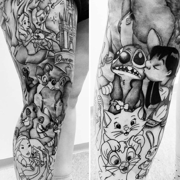 Adorable Cartoon Tattoo Black Art Women Legs