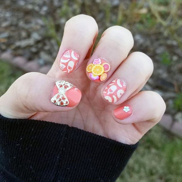 Adorable Cute Lemon Grapefruit Citrus Bow Tie Pink Short Gel Nail Inspiration For Girls