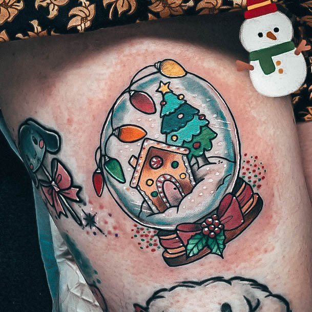 Adorable Gingerbread House Tattoo Designs For Women Snowglobe Themed Thigh