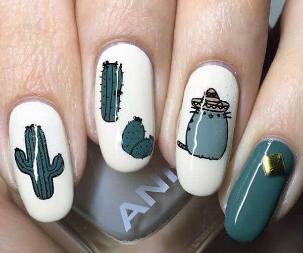 Adorable Grey Cactus Nails Women