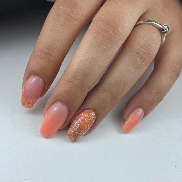 Adorable Peach With Glitter Nail Designs For Women