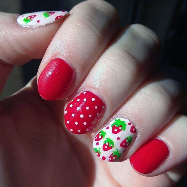 Adorable Red Pink Strawberry Polka Dot Nail Design For Girls