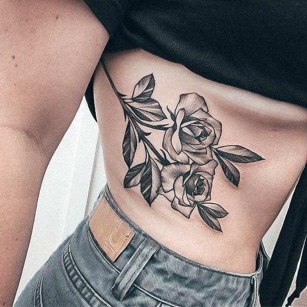 Adorable Rib Tattoo Designs For Women Shaded Rose Fowers