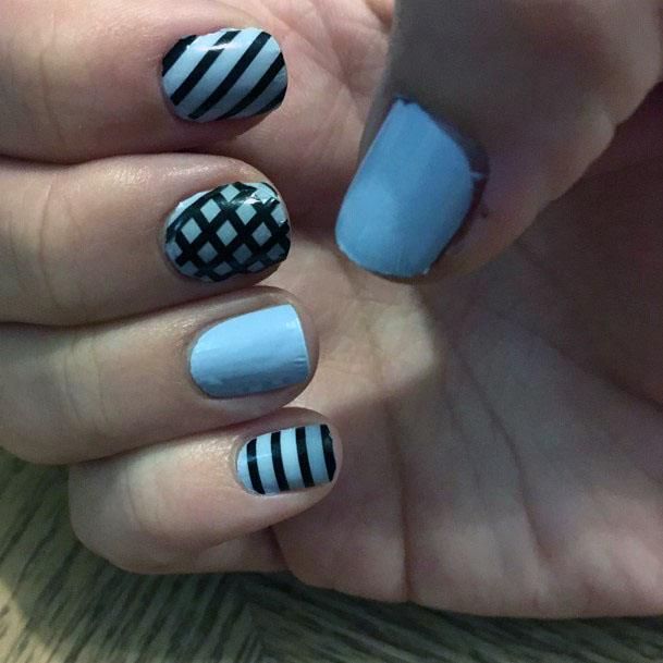 Adorable Sweet Blue And Black Stripes Nail Design Ideas For Women