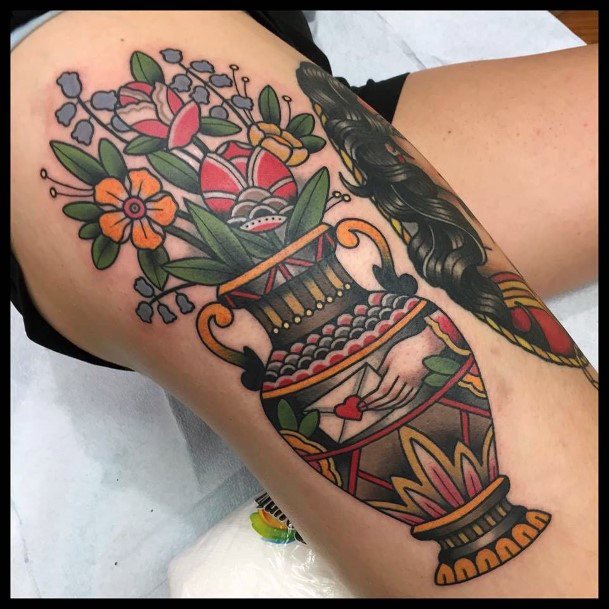 Tattoo uploaded by Tattoodo  Tattoo by Florian Santus FlorianSantus  traditional traditionaltattoo color oldschool AmericanTraditional rose  flower floral vase pottedplant leaves nature  Tattoodo