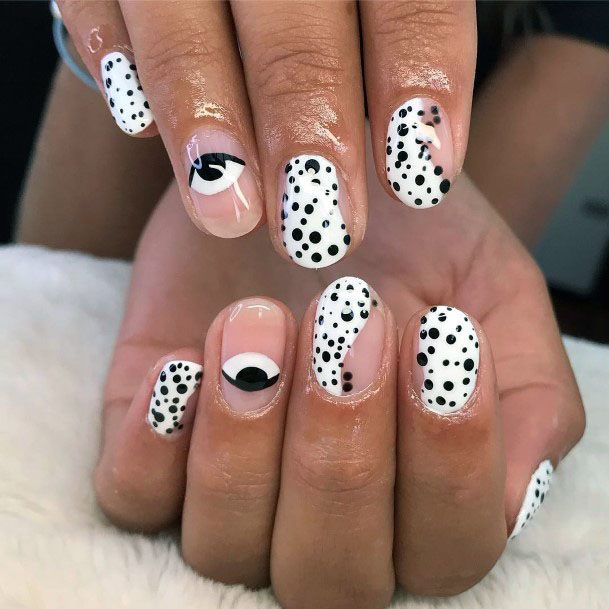 Adorable White Black Polka Dot Gel Eye Ball Nail Designfor Ladies