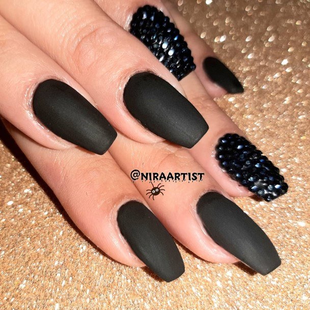 Aesthetic Black With Rhinestones Nail On Woman