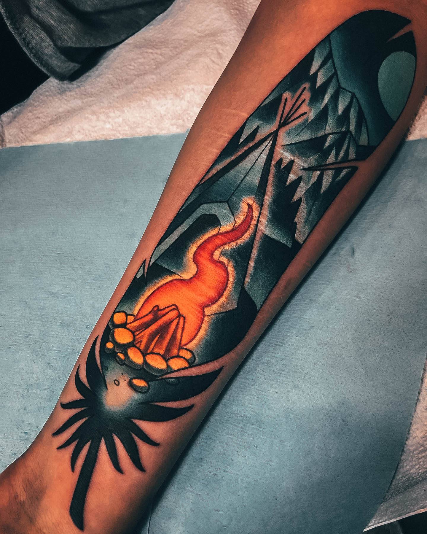 Aesthetic Campfire Tattoo On Woman