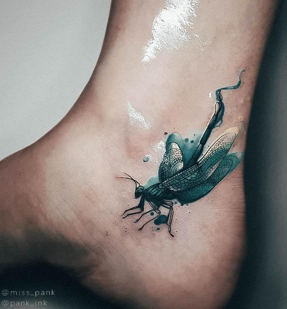 Aesthetic Dragonfly Tattoo On Woman Ankle Watercolor