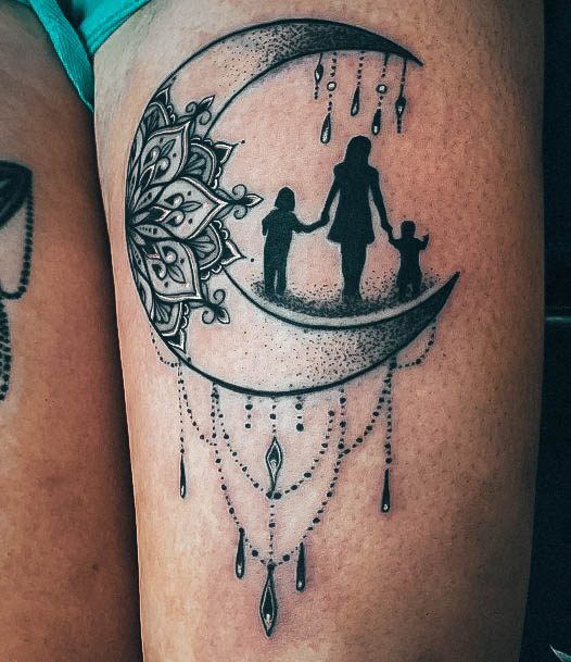 Aesthetic Family Tattoo On Woman Moon Thigh