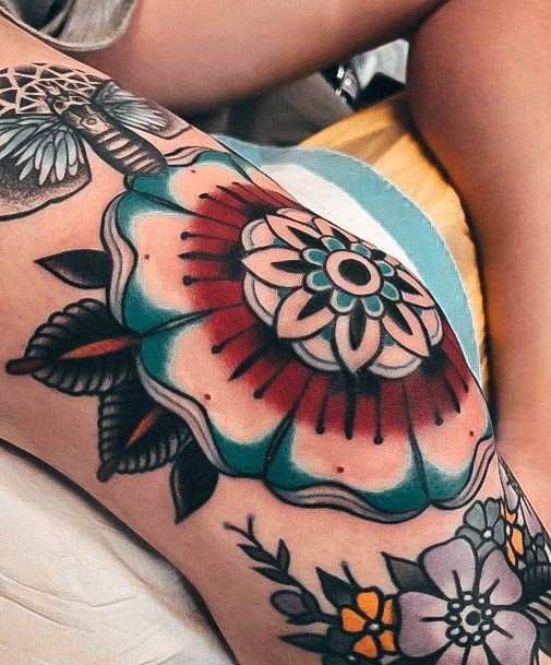 Aesthetic Girly Tattoo On Woman Knee Cap Traditional Flower