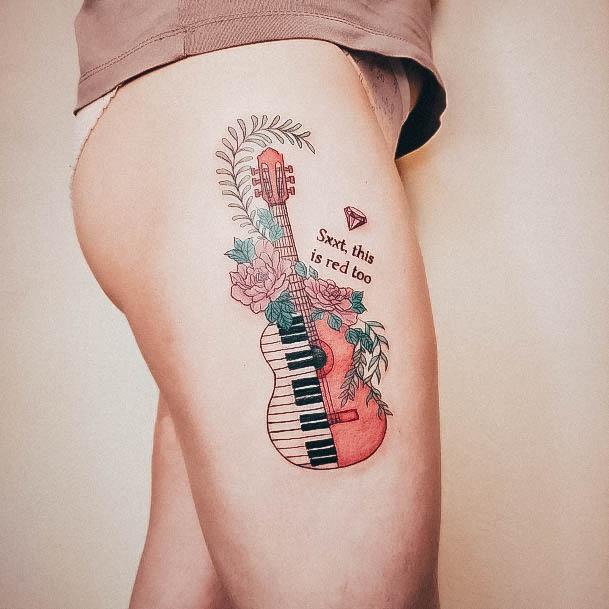 Aesthetic Guitar Tattoo On Woman Side Of Thigh Piano Themed