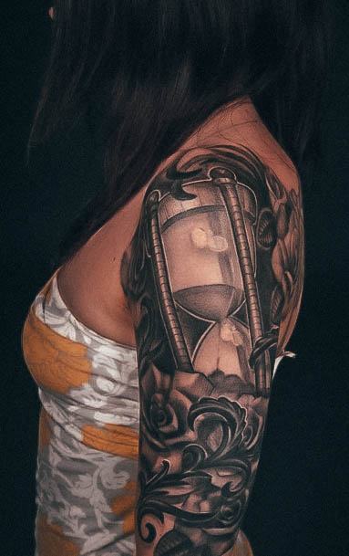 Aesthetic Hourglass Tattoo On Woman Half Sleeve