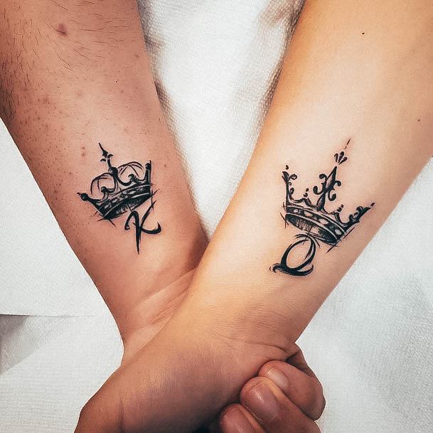 Aesthetic King And Queen Tattoo On Woman Wrist Crowns Sketched