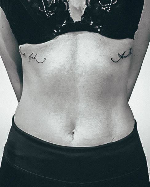 Aesthetic Lettering Tattoo On Woman Stomach Chest