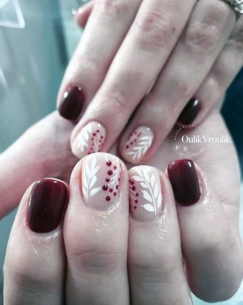 Aesthetic Maroon White Nail On Woman