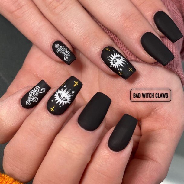 Aesthetic Matte Black And Gold Nail On Woman