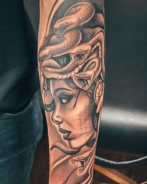 Aesthetic Medusa Tattoo On Woman Forearm